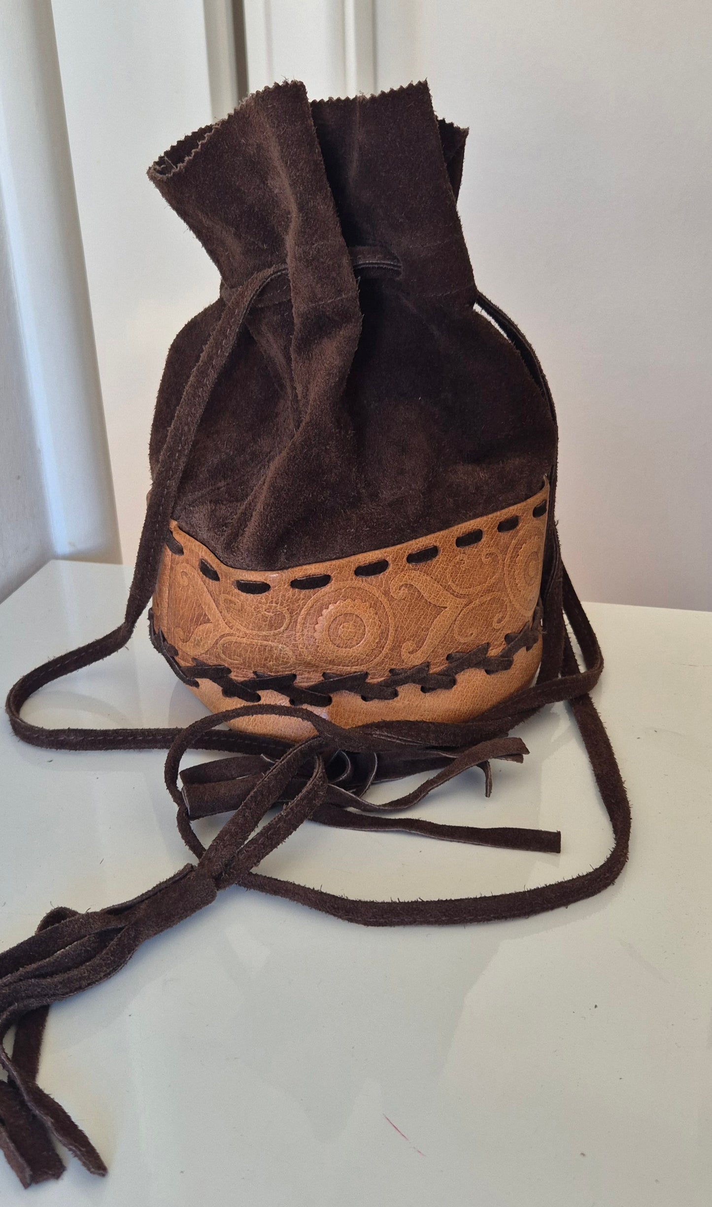 vintage orijentalna bucket torba, koža i brušena koža