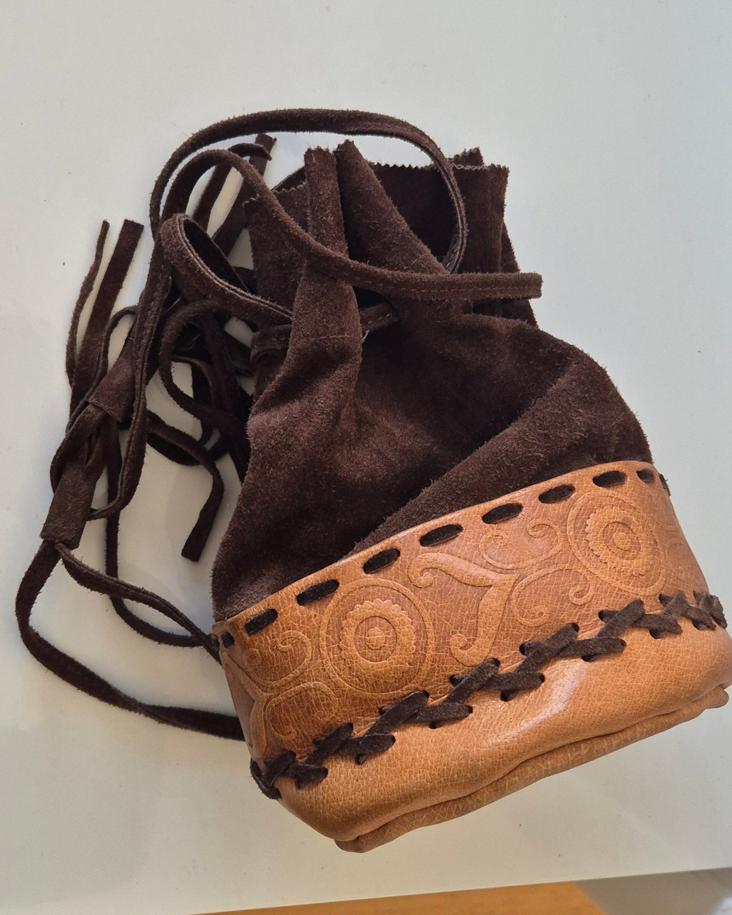 vintage orijentalna bucket torba, koža i brušena koža