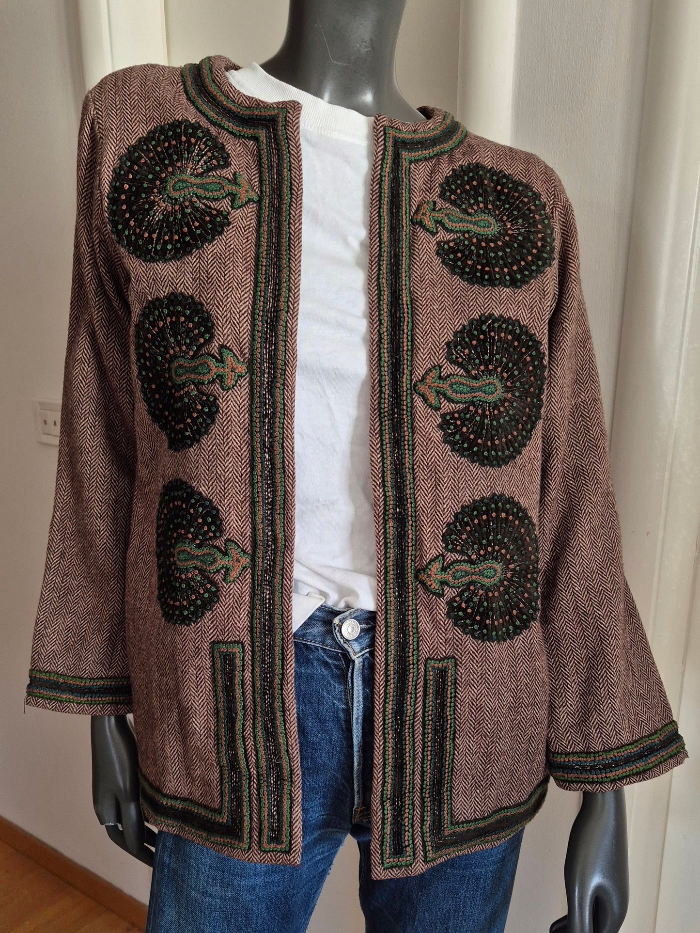 AKBAR DELIGHTS luksuzna marokanska tweed jakna s vezom (🦚), 100% vuna