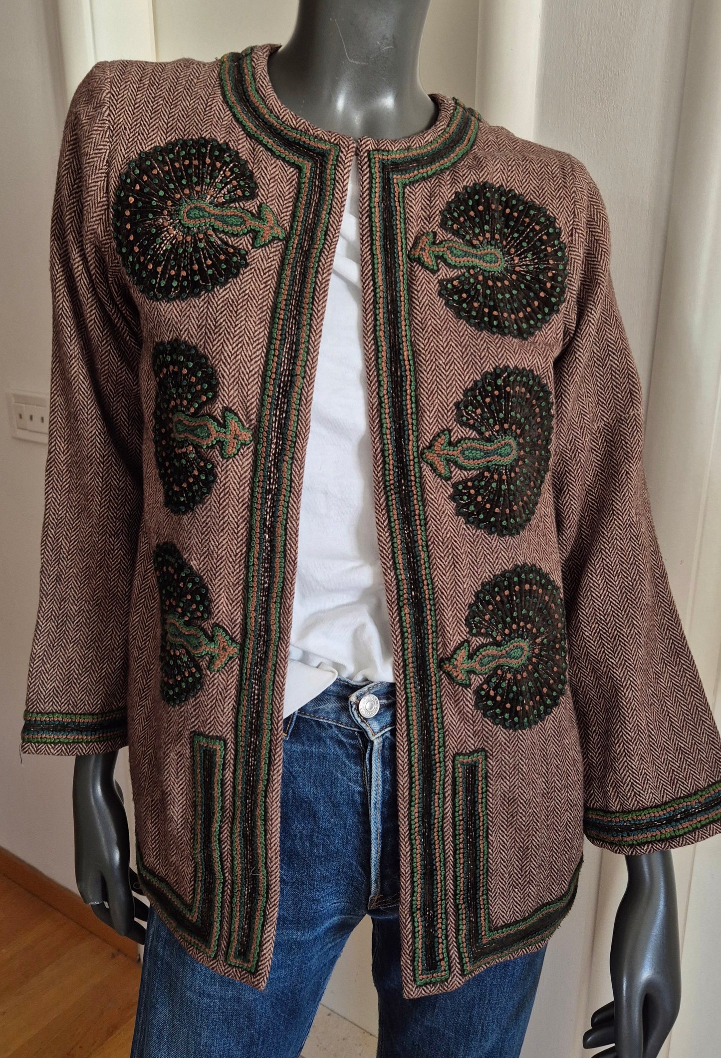 AKBAR DELIGHTS luksuzna marokanska tweed jakna s vezom (🦚), 100% vuna