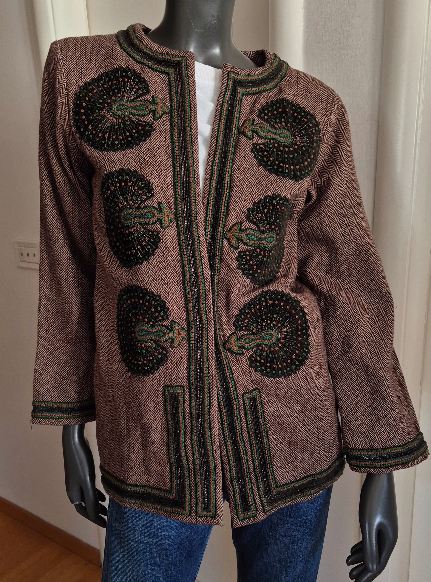 AKBAR DELIGHTS luksuzna marokanska tweed jakna s vezom (🦚), 100% vuna