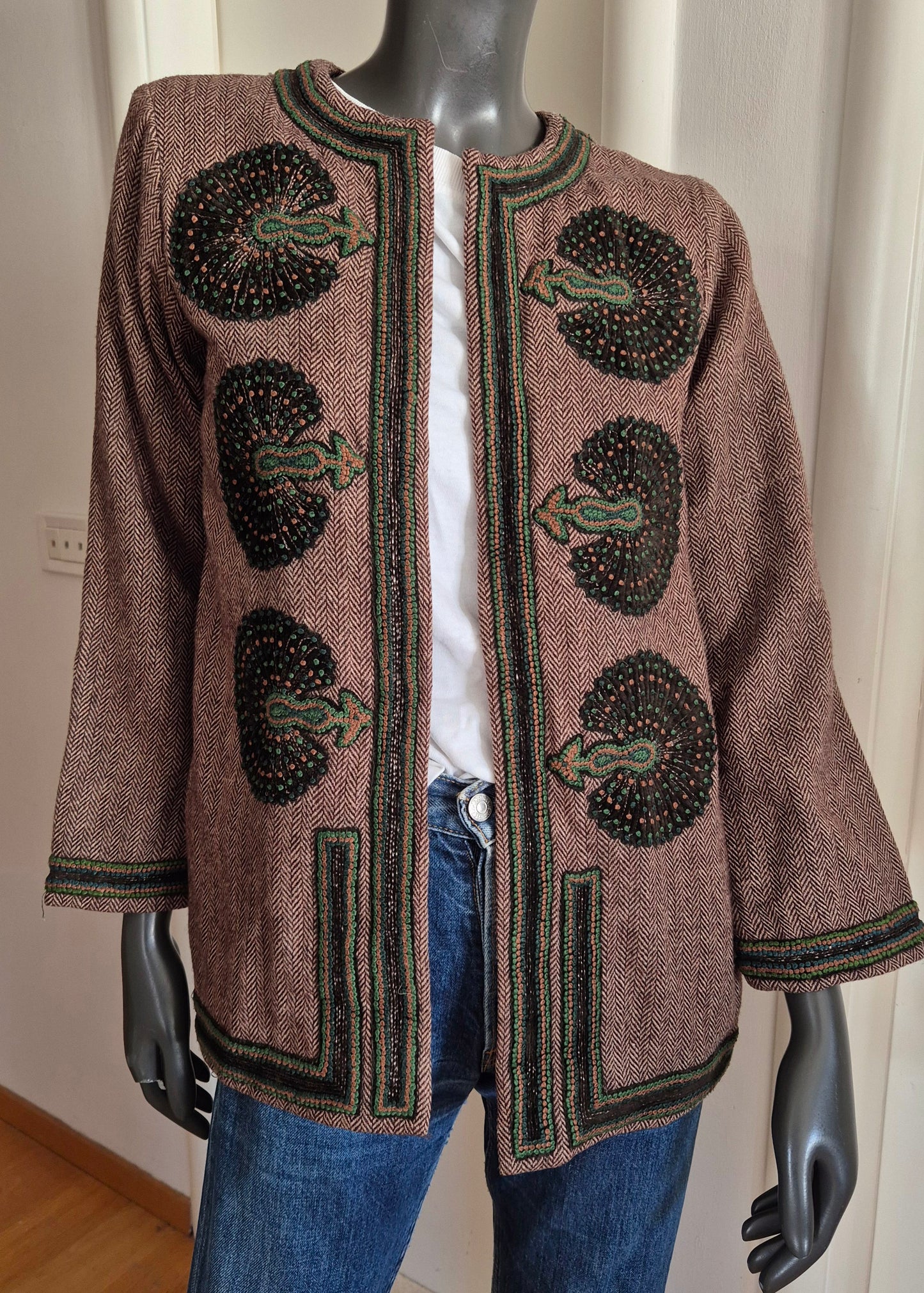 AKBAR DELIGHTS luksuzna marokanska tweed jakna s vezom (🦚), 100% vuna