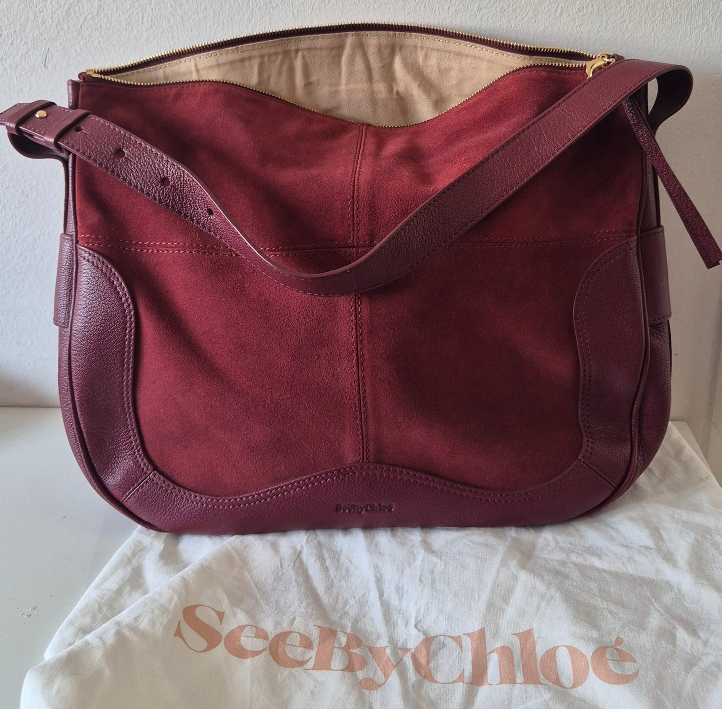 CHLOÉ velika hobo torba, koža i brušena koža