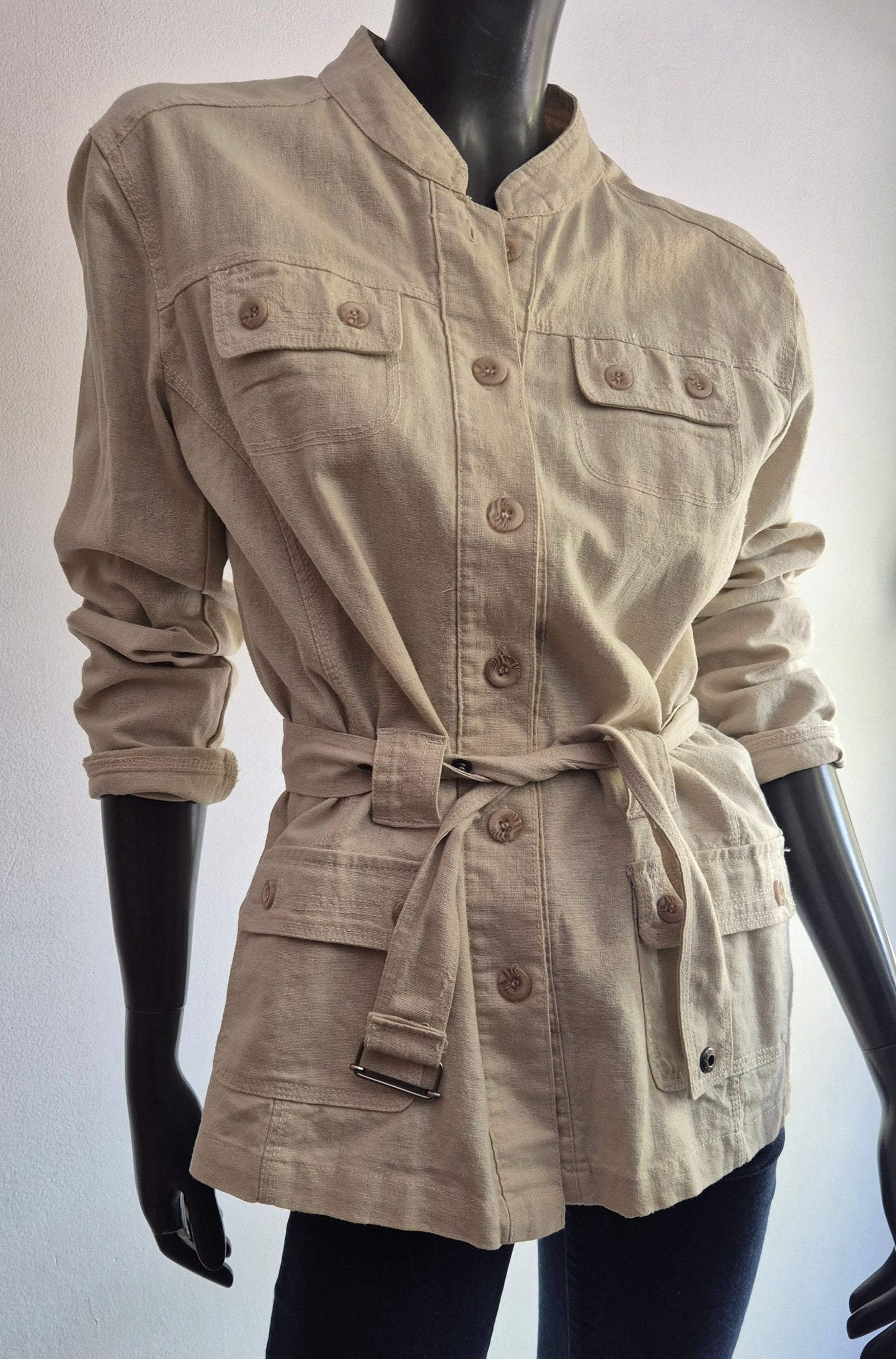 lanena jakna s remenom, safari stil