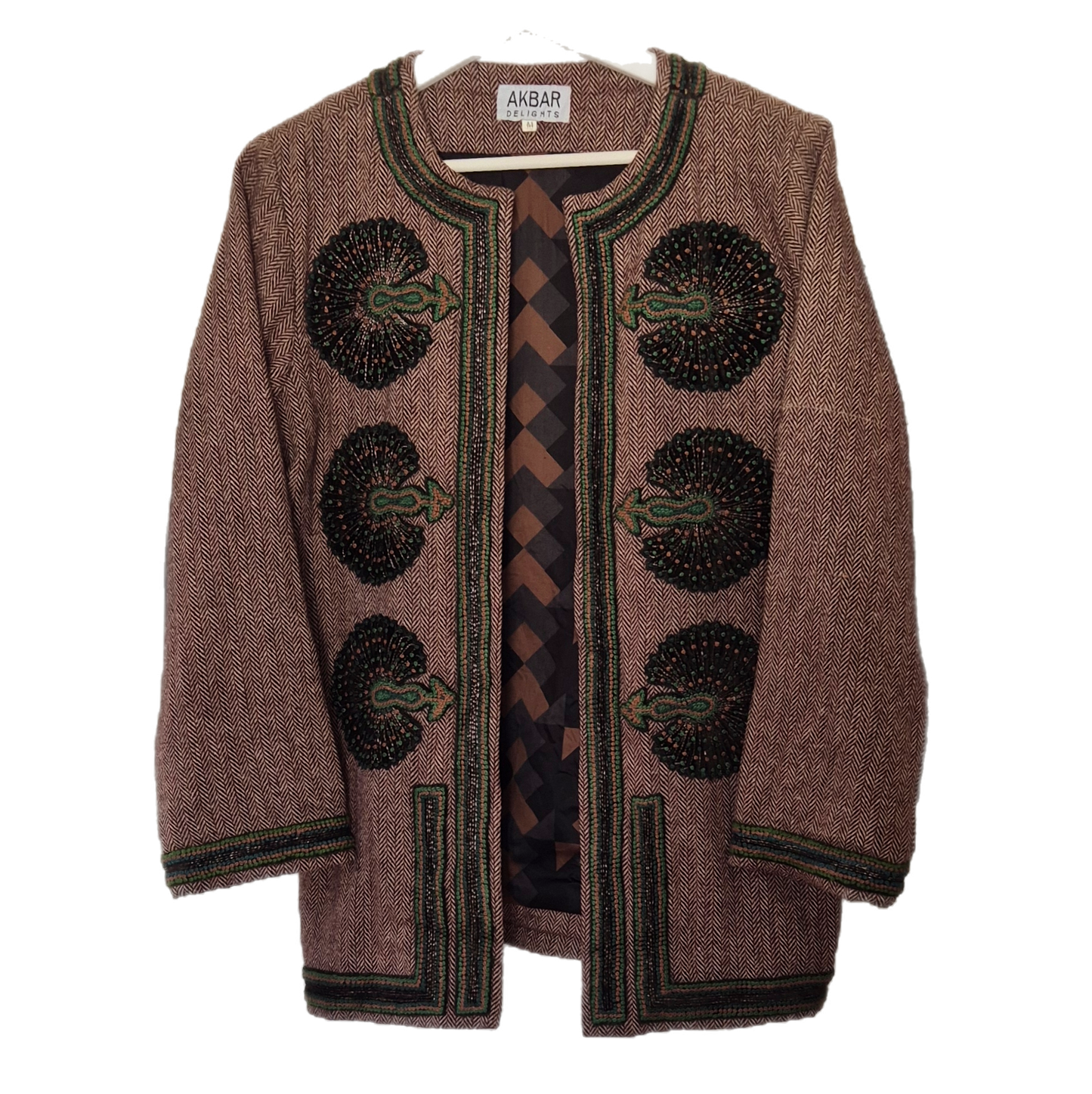 AKBAR DELIGHTS luksuzna marokanska tweed jakna s vezom (🦚), 100% vuna