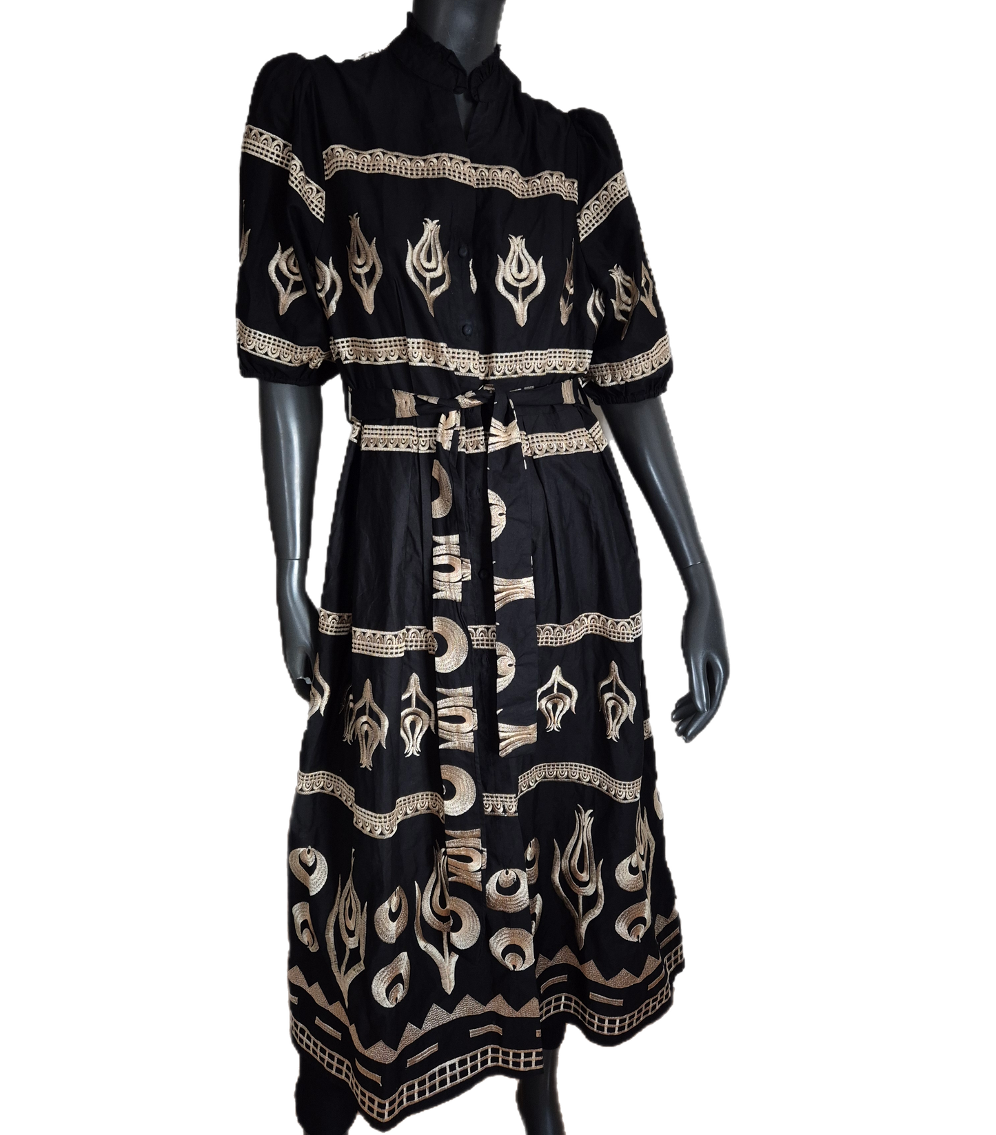 prekrasna crna haljina sa zlatnim vezom, popelin