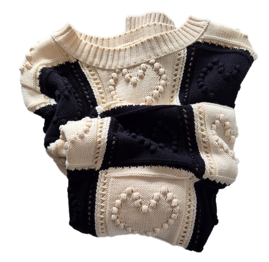 crno-krem pleteni pulover, pamuk, nov